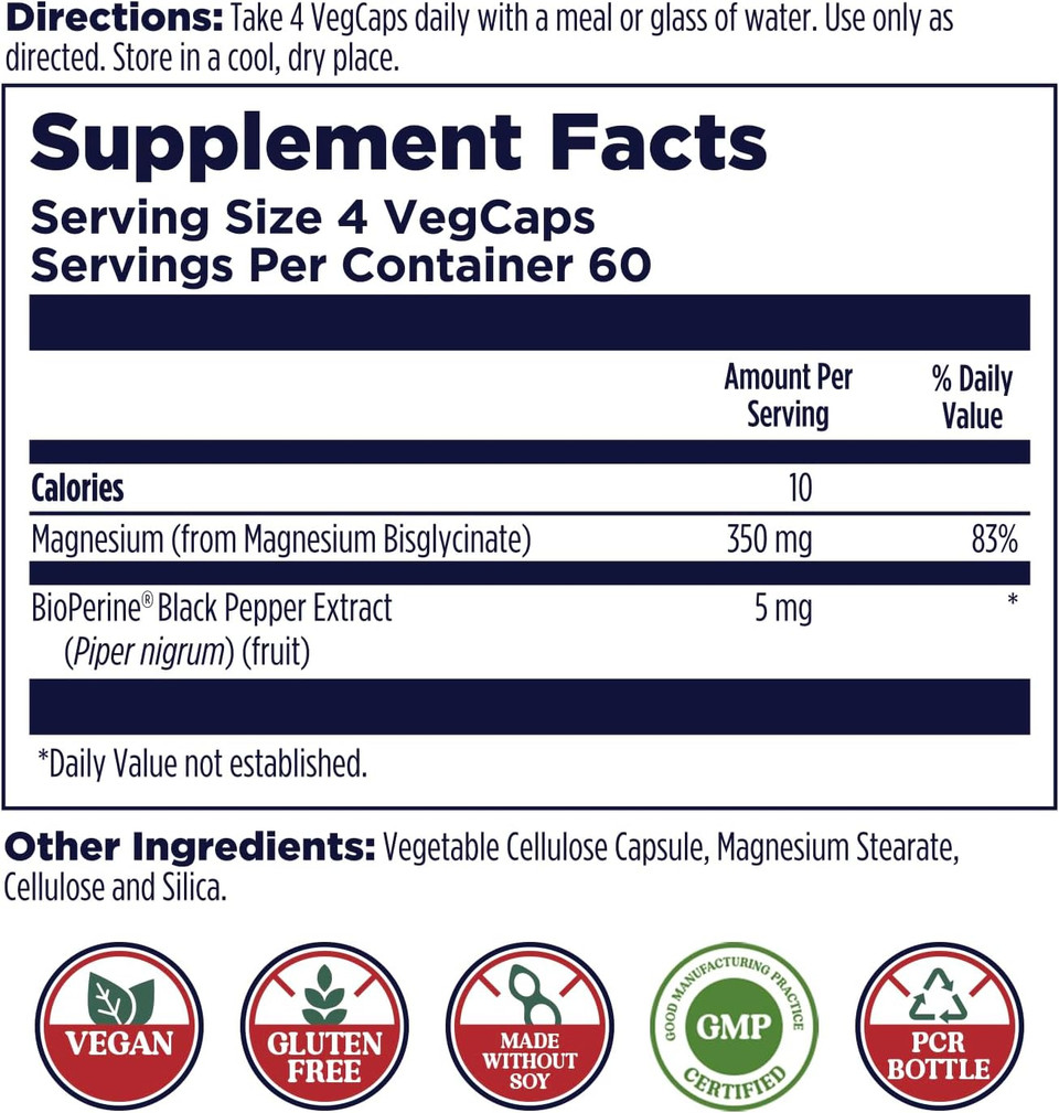 Kal Magnesium Glycinate, New & Improved Fully Chelated High Absorption Formula With Bioperine, Bisglycinate Chelate For Stress, Relaxation, Muscle & Bone Health Support, 60 Servings, 240 Vegcaps