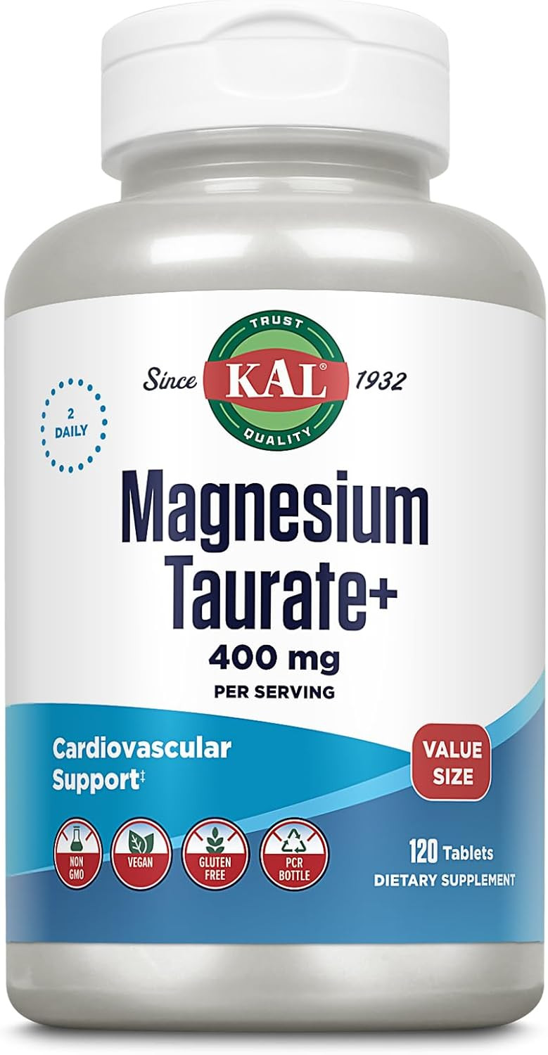 Kal Magnesium Taurate 400Mg Plus Coenzyme Vitamin B6, Chelated Magnesium Supplement, Healthy Muscle Function, Nerve And Heart Health Support, Gluten Free, Vegan, 60-Day Guarantee, 45 Serv, 90 Tablets
