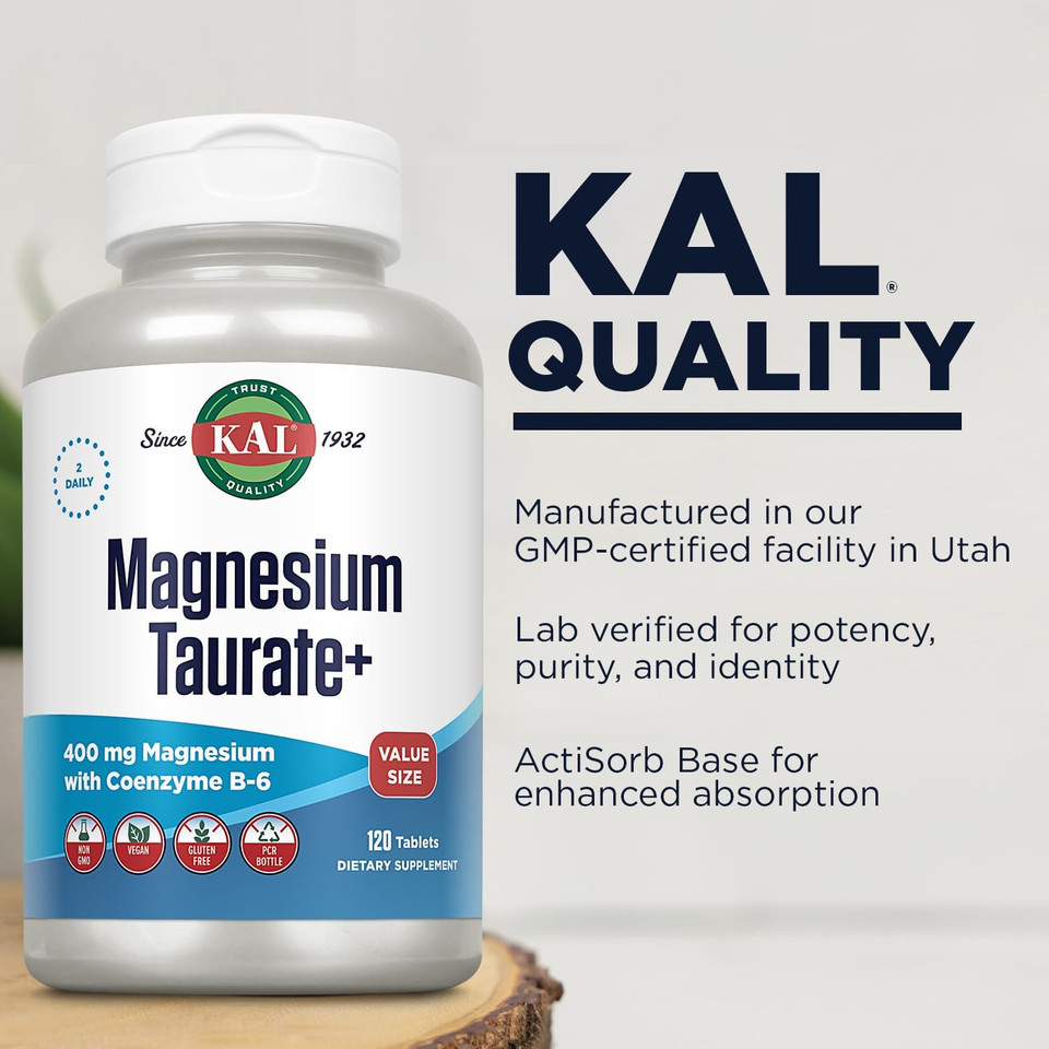 Kal Magnesium Taurate 400Mg Plus Coenzyme Vitamin B6, Chelated Magnesium Supplement, Healthy Muscle Function, Nerve And Heart Health Support, Gluten Free, Vegan, 60-Day Guarantee, 45 Serv, 90 Tablets