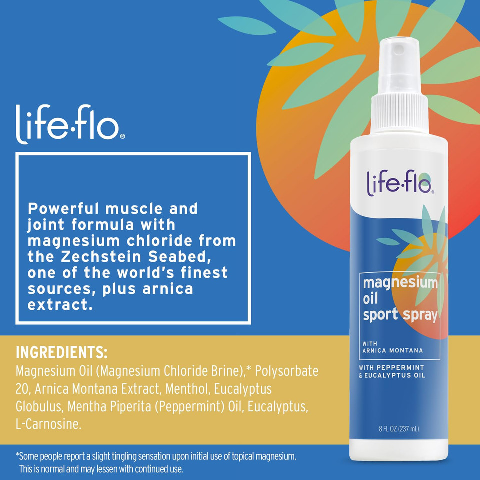 Life-Flo Magnesium Oil Sport Spray, With Magnesium Chloride From The Zechstein Seabed Plus Arnica, Calms And Refreshes Muscles And Joints After Exercise, 60-Day Guarantee, Not Tested On Animals, 8Oz