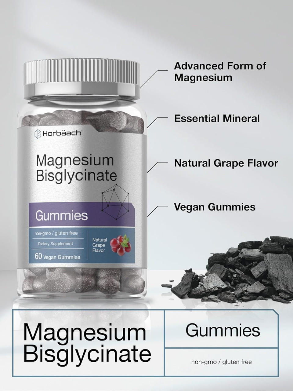 Magnesium Bisglycinate Gummies | 60 Count | Vegan, Non-Gmo, Gluten Free Supplement | By Horbaach