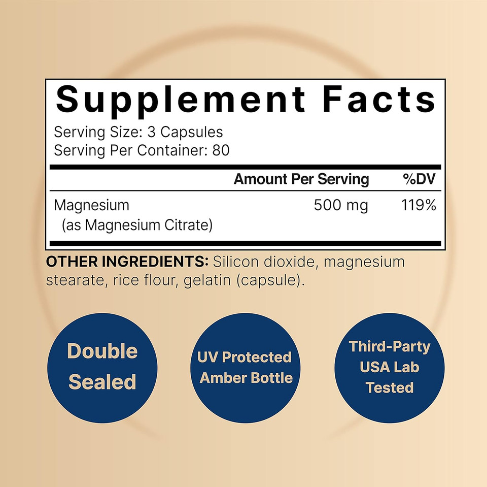 Magnesium Citrate 500Mg, 240 Capsules (Citrato De Magnesio) | High Purity Elemental Form  Extra Strength | Essential Mineral For Heart, Muscle, & Digestion Support  Non-Gmo & No Gluten240 Count (Pack Of 1)