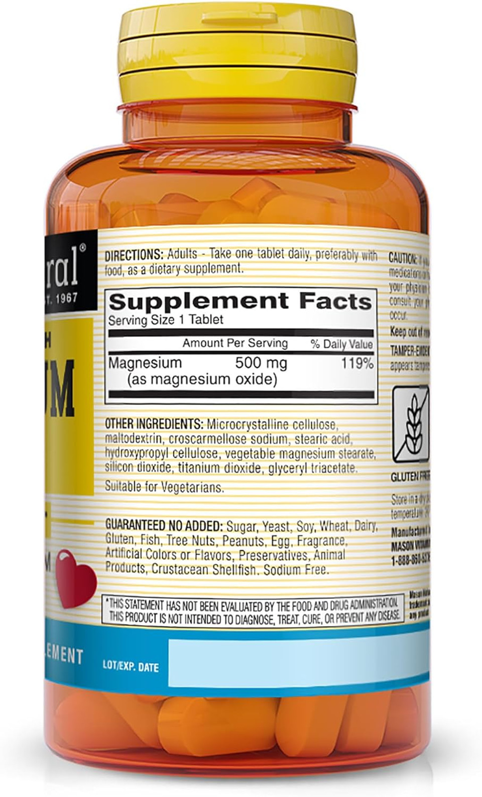 Mason Natural Magnesium 500 Mg Extra Strength - Healthy Heart And Nervous System, Improved Muscle Function And Recovery, Essential Nutrient, 100 Tablets (Pack Of 3)