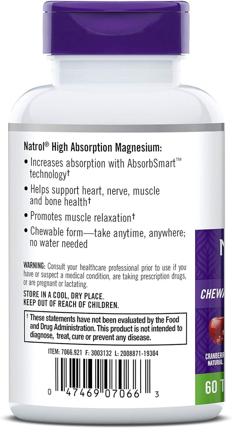 Natrol High Absorption Magnesium Chew Tablets, Purple, Cranberry, 60 Count