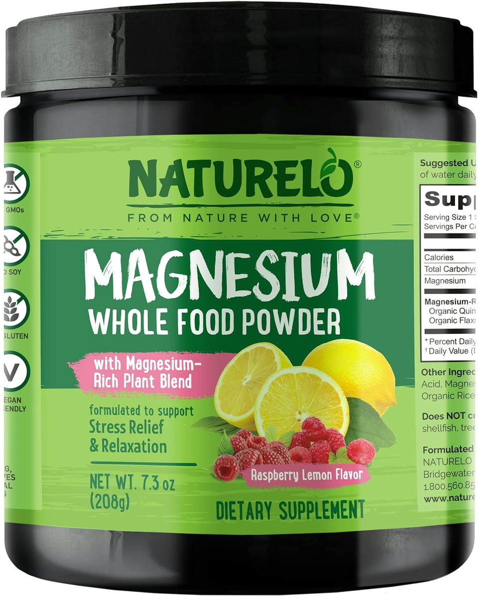 Naturelo Whole Food Magnesium Powder - Supports Stress Relief, Relaxation, Raspberry Lemon Flavor - 40 Servings | 7 Oz