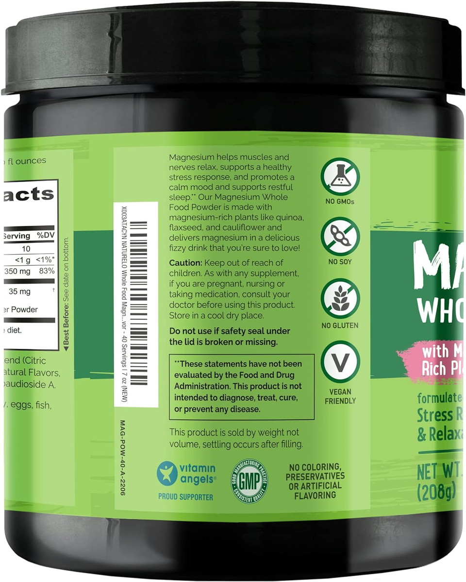 Naturelo Whole Food Magnesium Powder - Supports Stress Relief, Relaxation, Raspberry Lemon Flavor - 40 Servings | 7 Oz