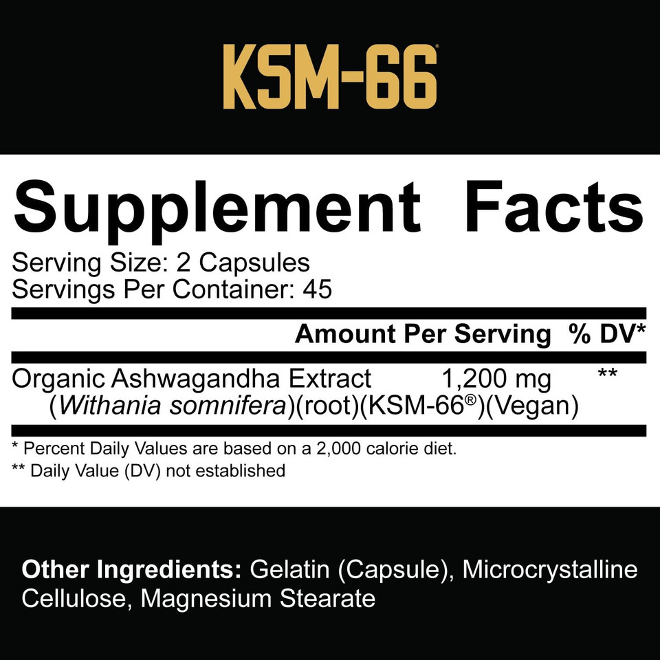 5% Nutrition Core Ksm-66 Ashwagandha | 1,200Mg Organic Ashwagandha Root Powder Extract | High Potency 5% Withanolides (45 Servings, 90 Capsules)