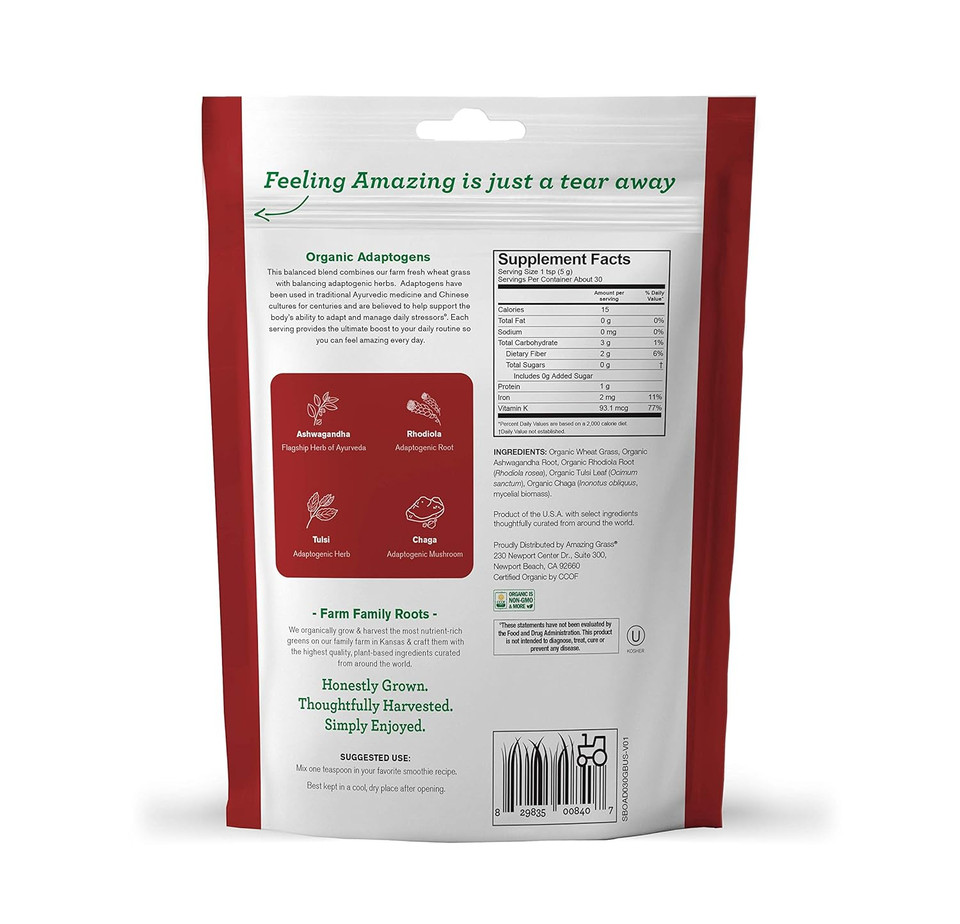 Amazing Grass Adaptogens Booster Smoothie Mix: Greens Powder With Ashwagandha, Rhodiola, Chaga & Tulsi, Smoothie Booster, 30 Servings