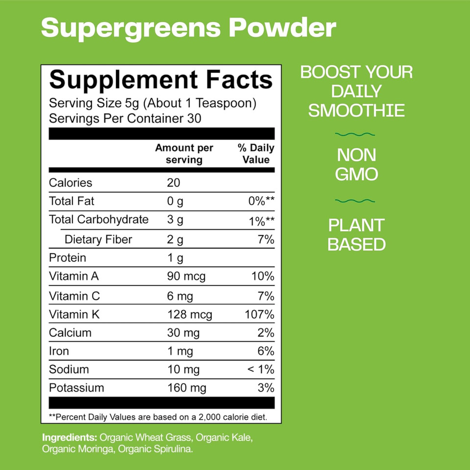 Amazing Grass Super Greens Booster: Greens Powder Smoothie Mix With Spirulina, Moringa, Wheat Grass & Kale Smoothie Booster, Chlorophyll Providing Greens, 30 Servings