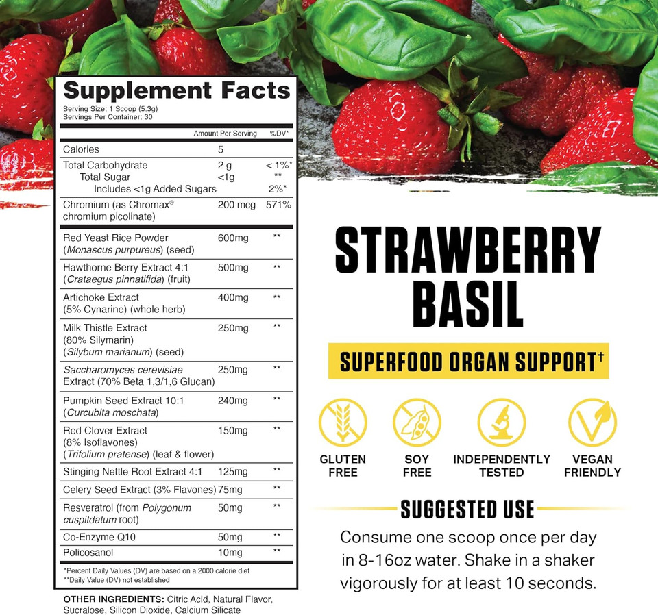Ambrosia Nektar - Superfood Powder | Complete Health Supplement | Organ Support - Liver, Heart, Kidney Health | 30 Servings (Strawberry Basil)