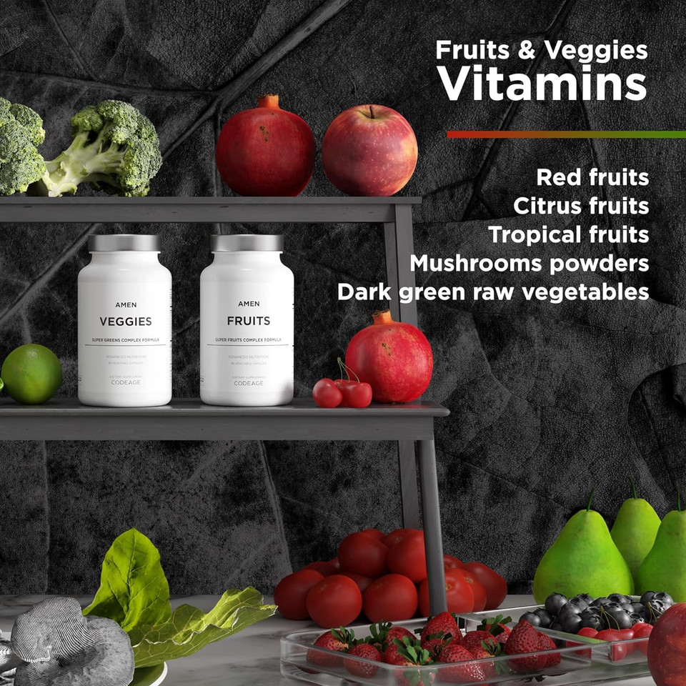 Amen Fruits + Veggies Vitamins Bundle, Raw Whole Food Multivitamin Capsules, Greens Vegetables, Red Fruits & Berries Vegan Blend, Fibers + Phytonutrients Superfood Minerals Supplement, Non-Gmo, 180 Ct