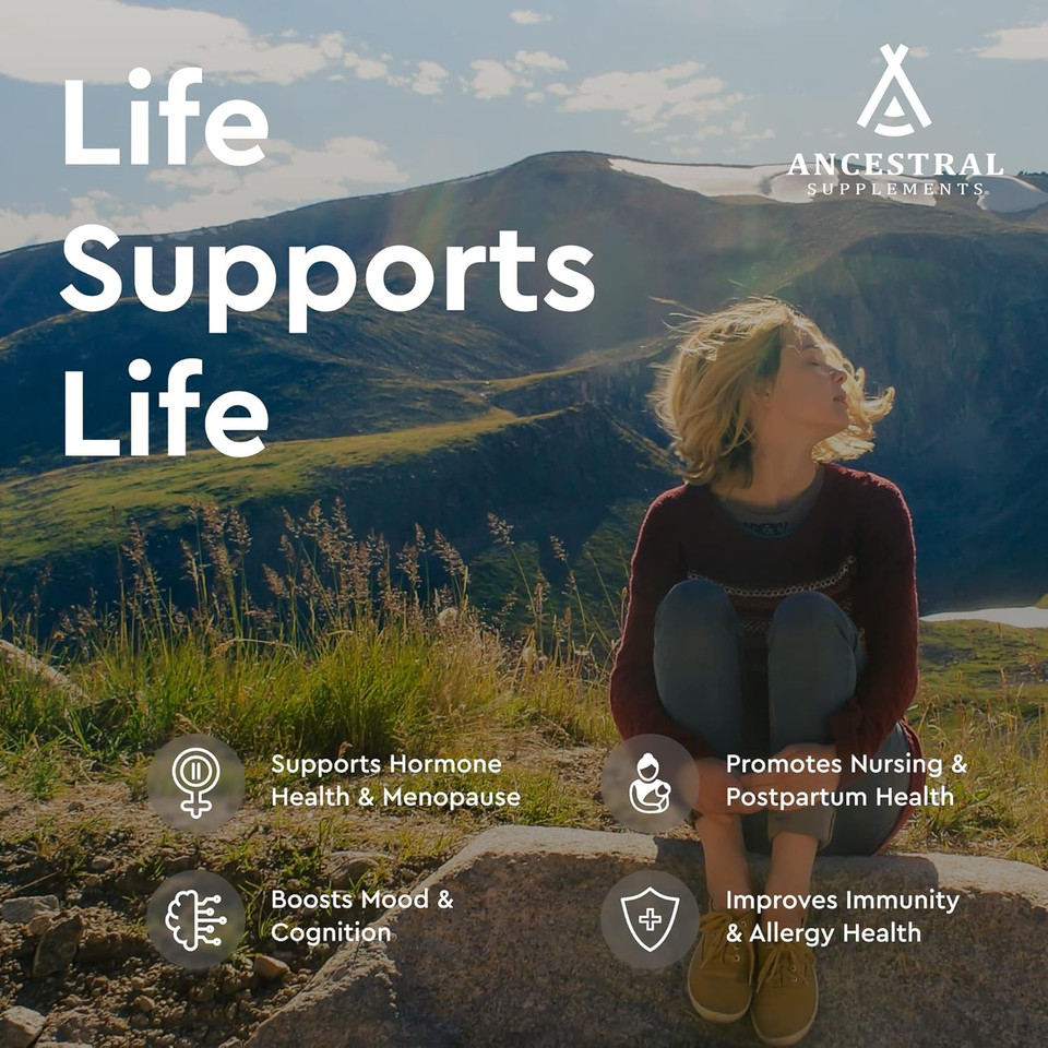 Ancestral Supplements Grass Fed Placenta Supplement With Liver, Contains Postpartum Vitamins For Women Breastfeeding, Promotes Menopause Relief, Stem Cells Support Skin Elasticity, 180 Capsules