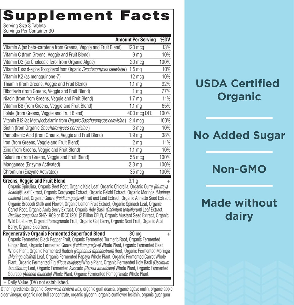 Ancient Nutrition Organic Supergreens And Multivitamin Tablets With Probiotics, Made From Real Fruits, Vegetables And Herbs, For Digestive, Detoxification And Energy Support, 90 Count