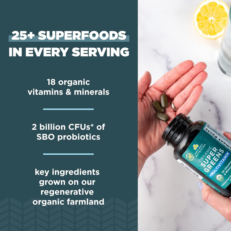 Ancient Nutrition Organic Supergreens And Multivitamin Tablets With Probiotics, Made From Real Fruits, Vegetables And Herbs, For Digestive, Detoxification And Energy Support, 90 Count