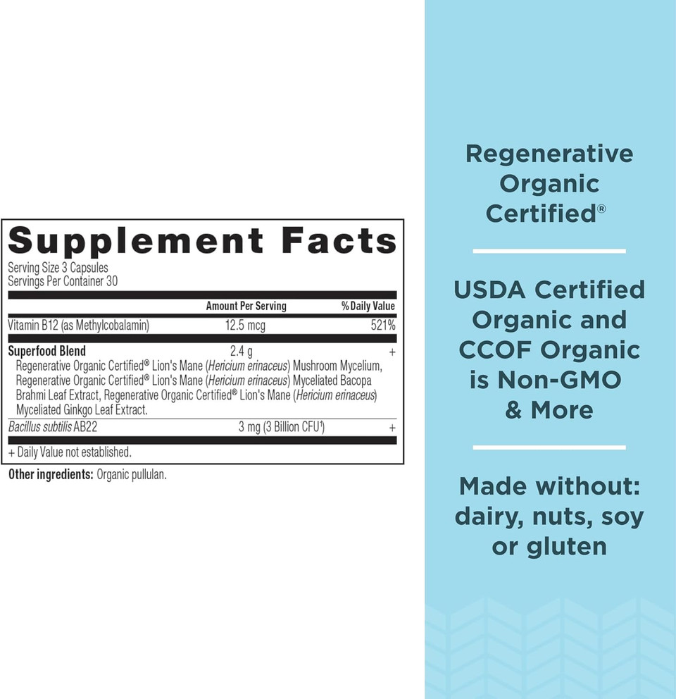 Ancient Nutrition Regenerative Organic Certified Focused Brain Capsules, Made With Ginkgo Leaf, Lion'S Mane To Help Reduce Stress, Gluten Free, Paleo And Keto Friendly, 90 Count