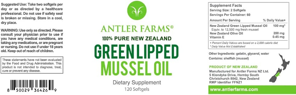 Antler Farms - 100% Pure New Zealand Green Lipped Mussel Oil, Equiv. To 12,500Mg, 120 Softgels - Powerful 125:1 Extract, 2 Month Supply