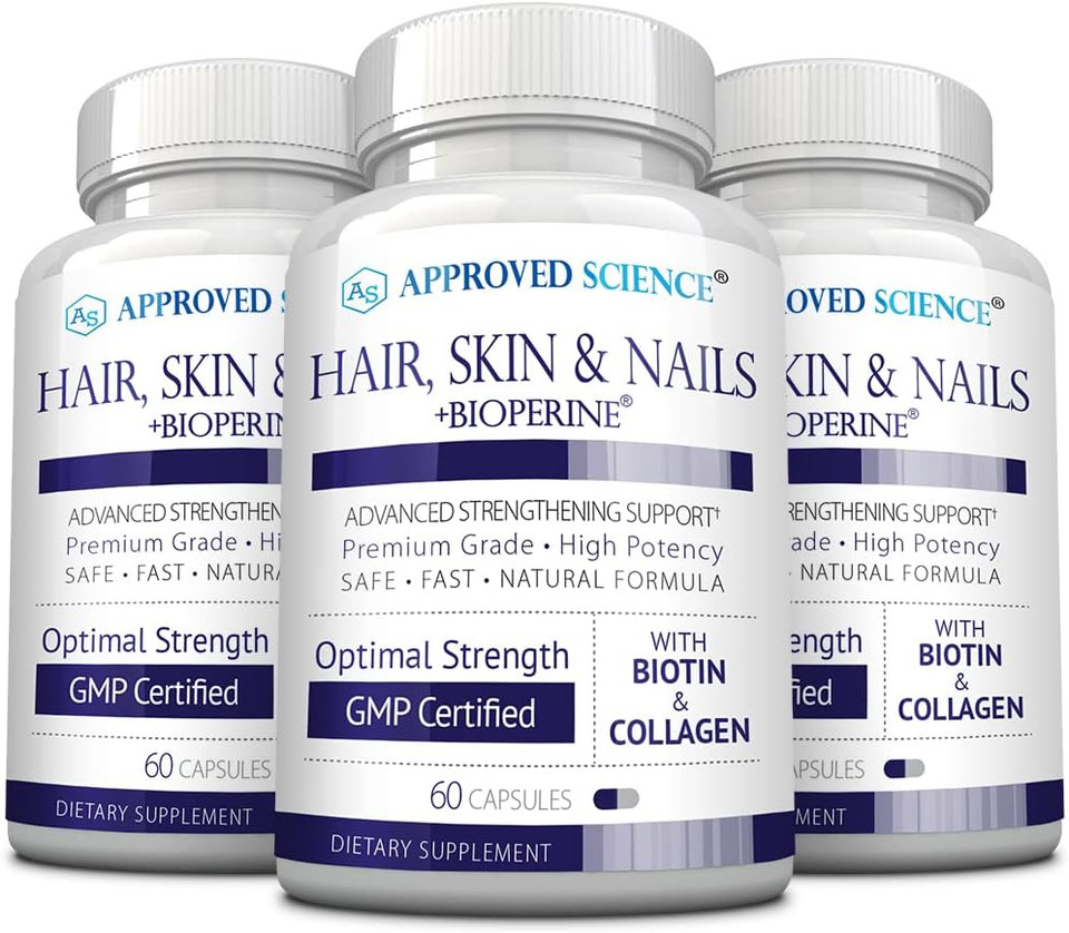 Approved Science Hair, Skin And Nails - Advanced Strengthening And Support - Vitamin B Complex, Biotin, Collagen, Silica, Bioperine - 180 Capsules - 3 Month Supply