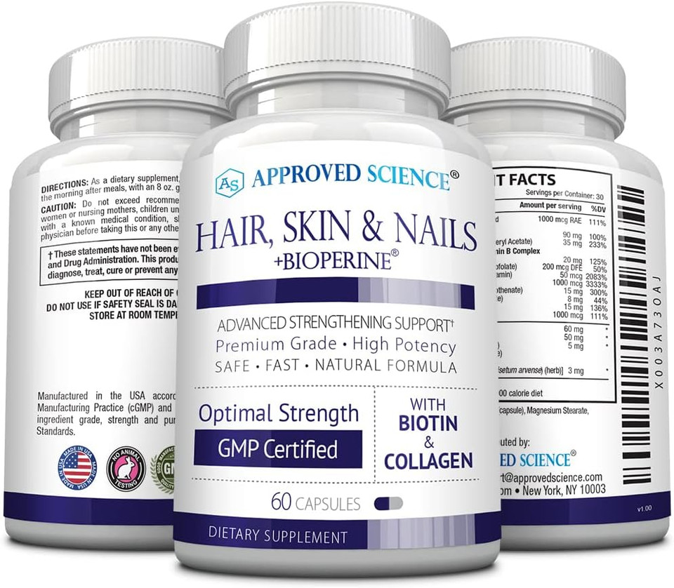 Approved Science Hair, Skin And Nails - Advanced Strengthening And Support - Vitamin B Complex, Biotin, Collagen, Silica, Bioperine - 180 Capsules - 3 Month Supply
