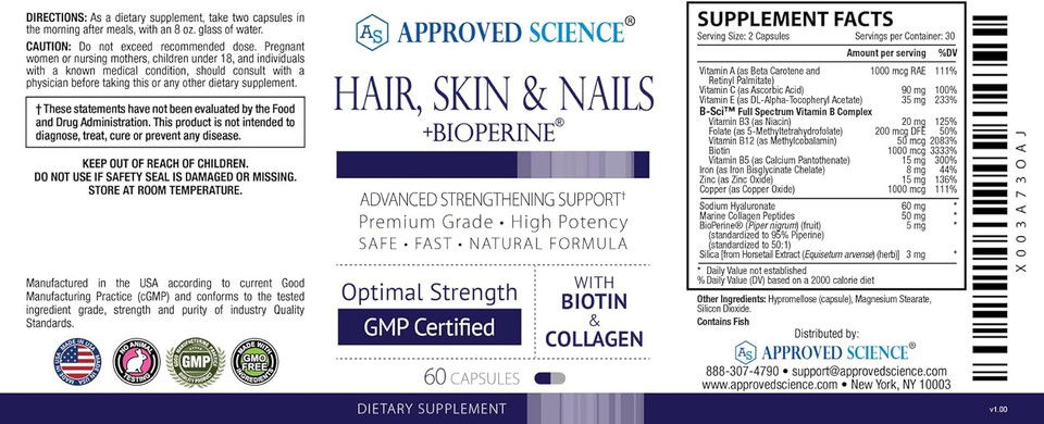 Approved Science Hair, Skin And Nails - Advanced Strengthening And Support - Vitamin B Complex, Biotin, Collagen, Silica, Bioperine - 180 Capsules - 3 Month Supply