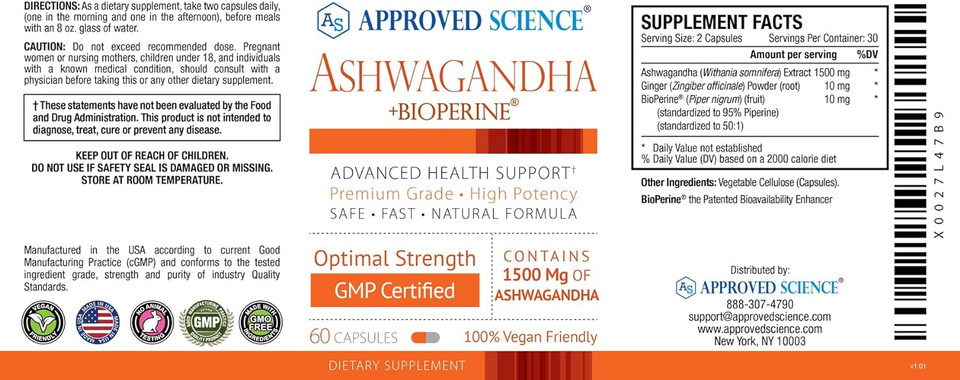 Approved Scienceã¢Â® Ashwagandha 1500Mg With Bioperineã¢Â® And Ginger- Mood And Energy Support - 60 Vegan Friendly Capsules - 1 Month Supply