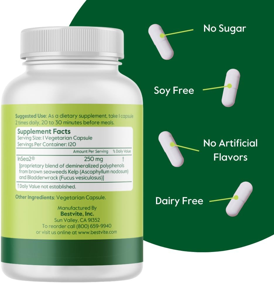 Bestvite Insea2 250Mg (120 Vegetarian Capsules) - Clinically Researched Blend Of Kelp & Bladderwrack - No Stearates - Vegan - Non Gmo - Gluten Free