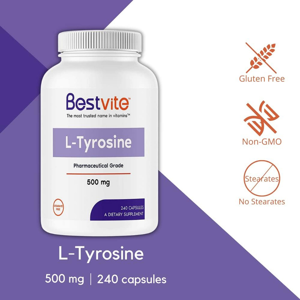Bestvite L-Tyrosine 500Mg (240 Capsules) - No Stearates - Non Gmo - Gluten Free