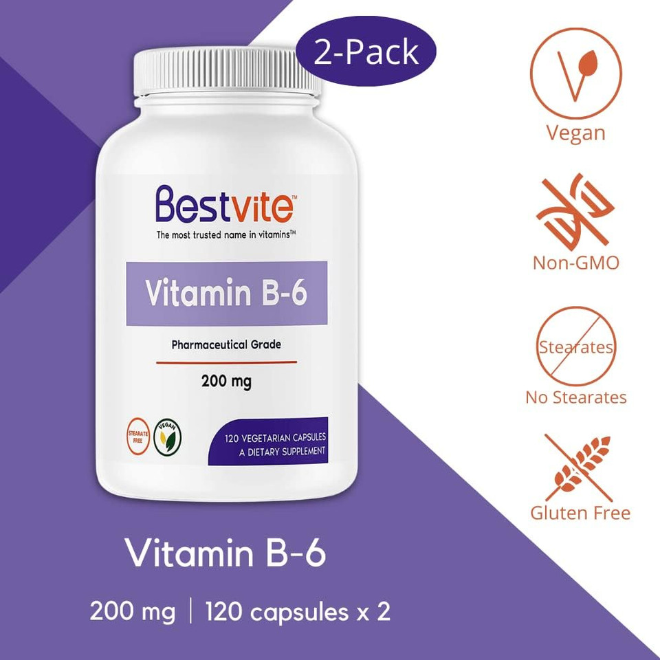 Bestvite Vitamin B-6 200Mg (240 Vegetarian Capsules) (2-Pack) - No Stearates - No Flow Agents240 Count (Pack Of 2)