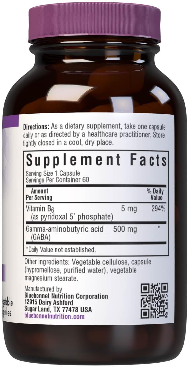 Bluebonnet Nutrition Gaba 500Mg, For Stress Relief*, Supports Relaxation*, Kosher, Vegan, Gluten-Free, Soy-Free, Non-Gmo, 60 Count, 60 Servings60 Count (Pack Of 1)