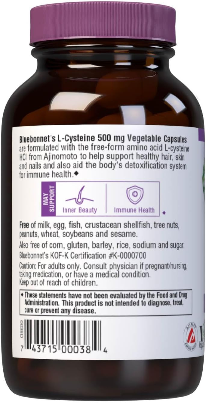 Bluebonnet Nutrition L-Cysteine 500Mg, Free-Form Amino Acid, Promotes Healthy Skin, Hair And Nails, Soy-Free, Gluten-Free, Non-Gmo, Kosher Certified, Vegan, White, 60 Vegetable Capsules