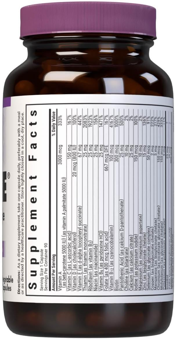 Bluebonnet Nutrition Multi One (Iron Free) Vegetable Capsules, Complete Full Spectrum Multiple, B Vitamins, General Health, Gluten & Milk Free, Kosher, 3 Month Supply, White, 90 Count