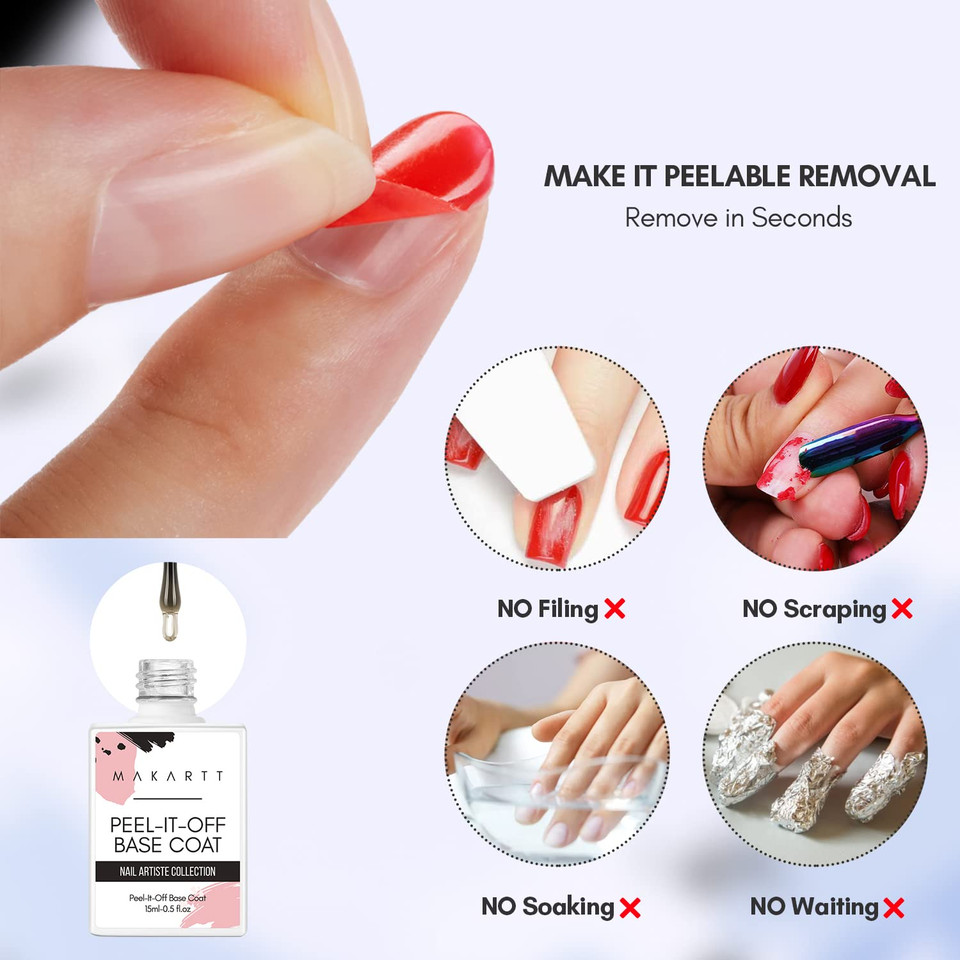 Makartt Peel Off Base Coat, 15Ml Uv Base Coat Nail Polish Peelable Base Gel For Takeoff Nail Practice Beginners, No Soaking Filing Required