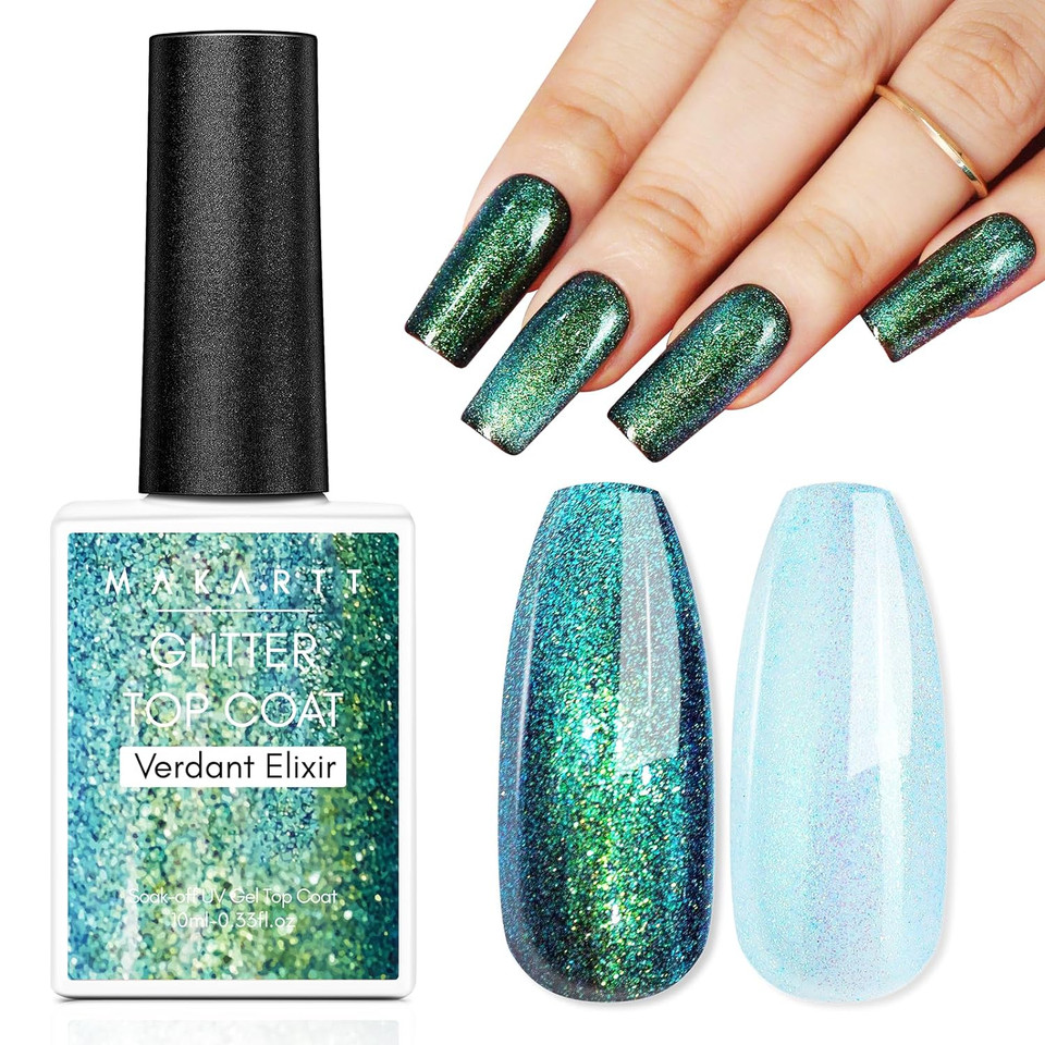 Makartt No Wipe Glitter Gel Top Coat, Green Aurora Uv/Led Top Coat, Long Lasting High Shine Glossy Verdant Elixir 10Ml Gel Nail Polish Top Coat For Manicure, Soak Off By Acetone For Nail Art Makartt No Wipe Glitter Gel Top Coat, Green Aurora Uv/Led Top Coat, Long Lasting High Shine Glossy Verdant Elixir 10Ml Gel Nail Polish Top Coat For Manicure, Soak Off By Acetone For Nail Art