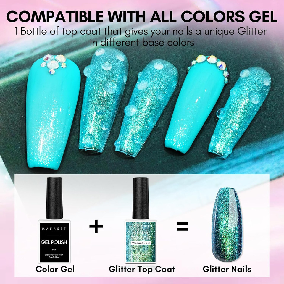 Makartt No Wipe Glitter Gel Top Coat, Green Aurora Uv/Led Top Coat, Long Lasting High Shine Glossy Verdant Elixir 10Ml Gel Nail Polish Top Coat For Manicure, Soak Off By Acetone For Nail Art Makartt No Wipe Glitter Gel Top Coat, Green Aurora Uv/Led Top Coat, Long Lasting High Shine Glossy Verdant Elixir 10Ml Gel Nail Polish Top Coat For Manicure, Soak Off By Acetone For Nail Art