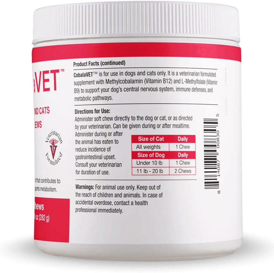 Cobalavet Vitamin B12 & B9 For Small Dogs & Cats - Supports The Nervous System, Brain Function, Immune Defenses & Cell Growth - Blood Cell Formation - Metabolic Pathway - Soft Chews
