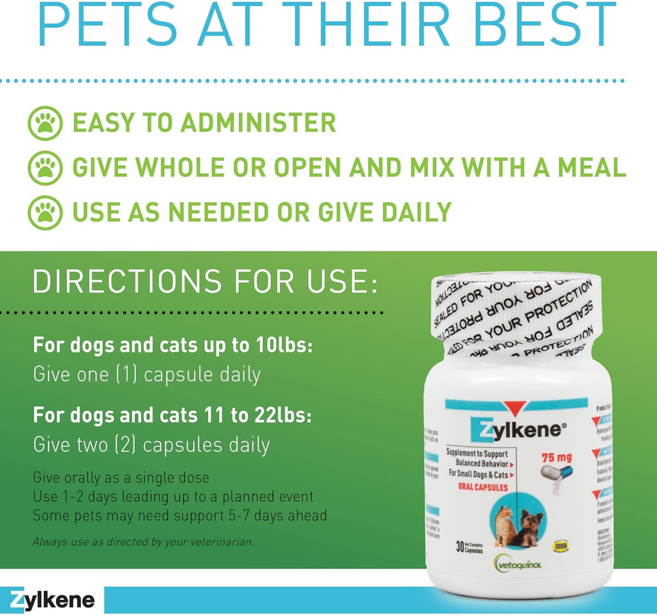 Vetoquinol Zylkene Behavior Support Capsules For Small Dogs And Cats, Calming All Natural Milk Protein Supplement, Helps Relieve Dog Anxiety And Cat Anxiety During Fireworks And Thunder, 75Mg30 Capsules