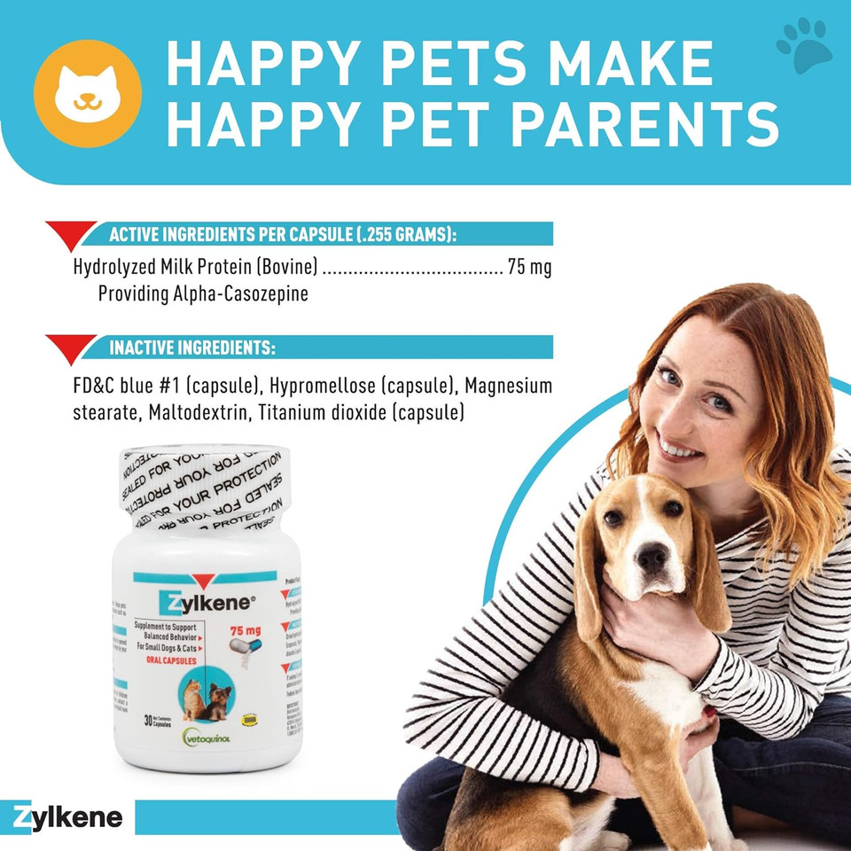 Vetoquinol Zylkene Behavior Support Capsules For Small Dogs And Cats, Calming All Natural Milk Protein Supplement, Helps Relieve Dog Anxiety And Cat Anxiety During Fireworks And Thunder, 75Mg30 Capsules