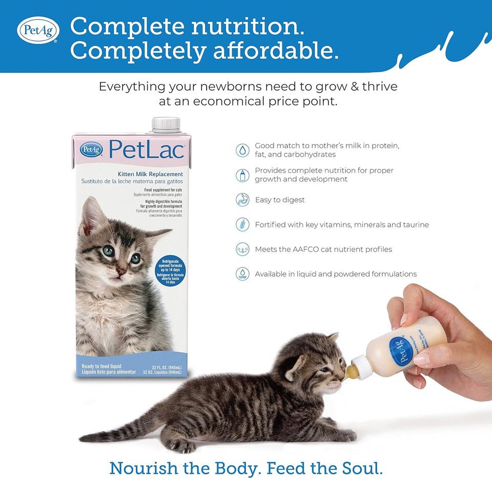 PetAg PetLac Liquid for Kittens - Kitten Milk Replacer - Contains Milk and Vegetable Protein - 32 fl oz