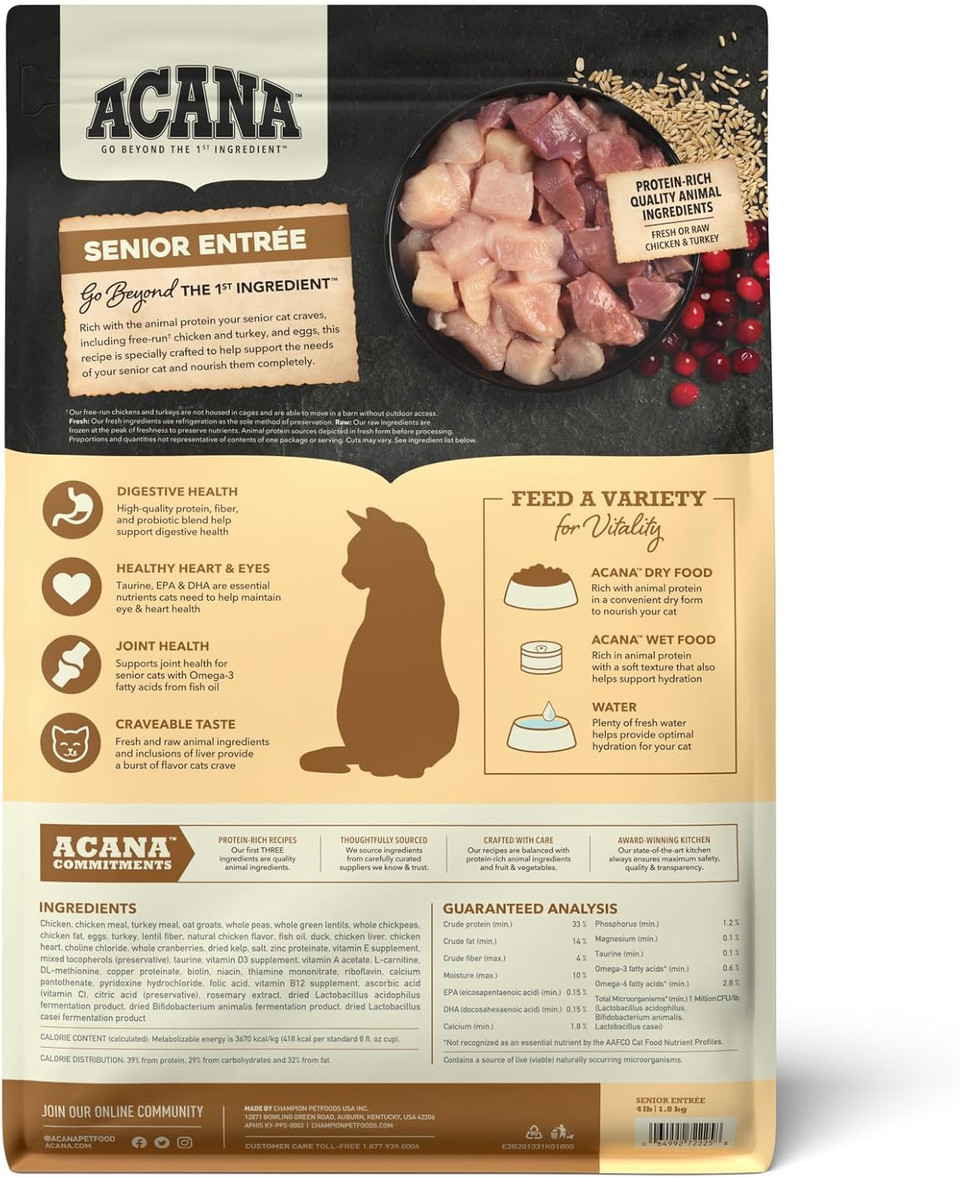 Acana Senior Entree Dry Cat Food For Senior Cats (7+ Years), Free Run Chicken And Turkey Recipe, 4Lb