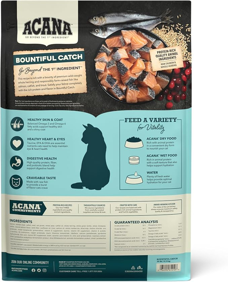 Acana Bountiful Catch Dry Cat Food For Adult Cats, Salmon And Whole Herring Recipe, Fish Cat Food, 4Lb