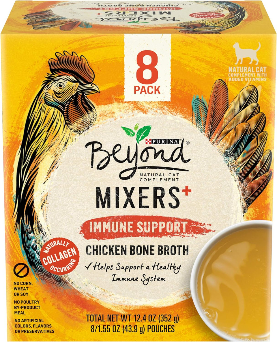 Beyond Purina Mixers+ Natural Cat Food Complement, Immune Support Chicken Bone Broth - (8) 1.55 Oz. Boxes