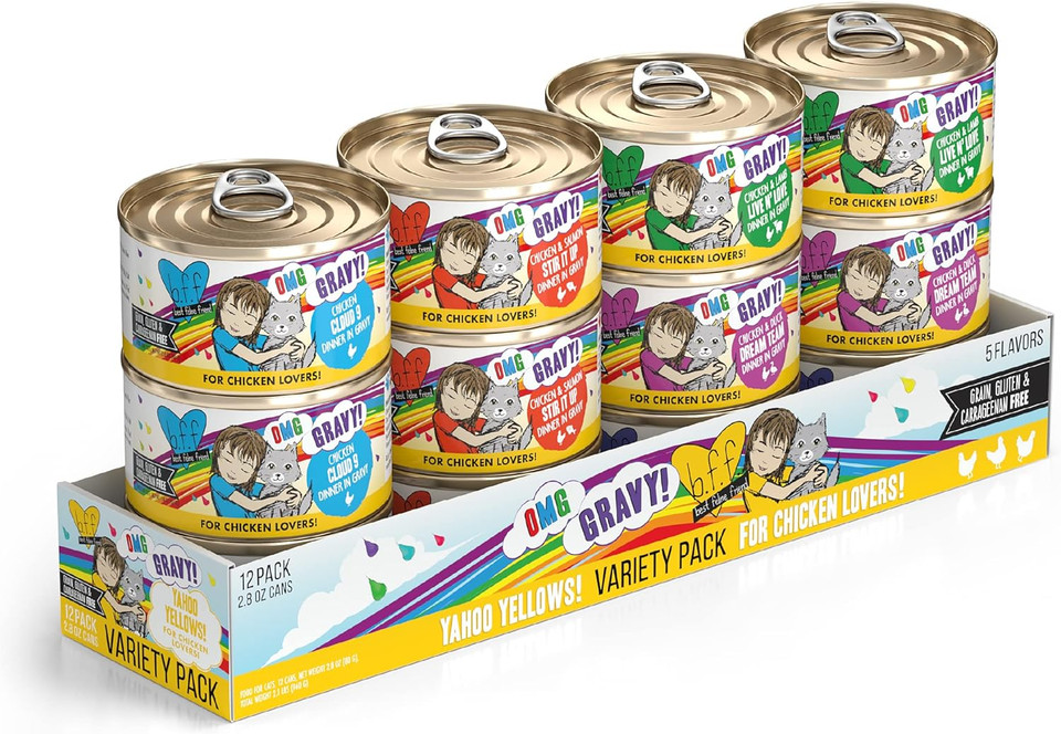 Weruva B.F.F. Omg - Best Feline Friend Oh My Gravy!, Yahoo Yellows! Variety Pack, 2.8Oz Can (Pack Of 12)0.23 Ounce (Pack Of 12)
