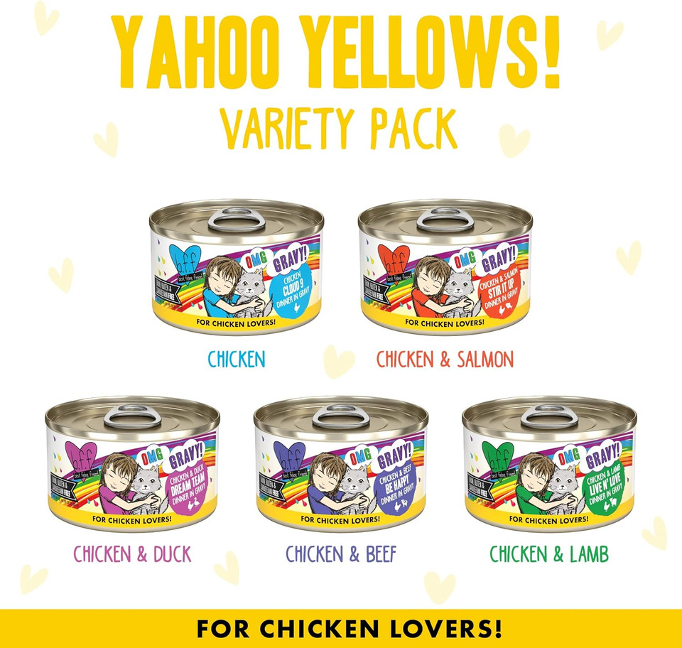 Weruva B.F.F. Omg - Best Feline Friend Oh My Gravy!, Yahoo Yellows! Variety Pack, 2.8Oz Can (Pack Of 12)0.23 Ounce (Pack Of 12)
