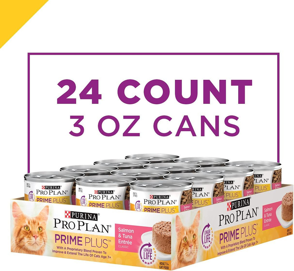Purina Pro Plan Senior Wet Cat Food Pate, Prime Plus Senior 7+ Salmon & Tuna Entree - (24) 3 Oz. Pull-Top Cans