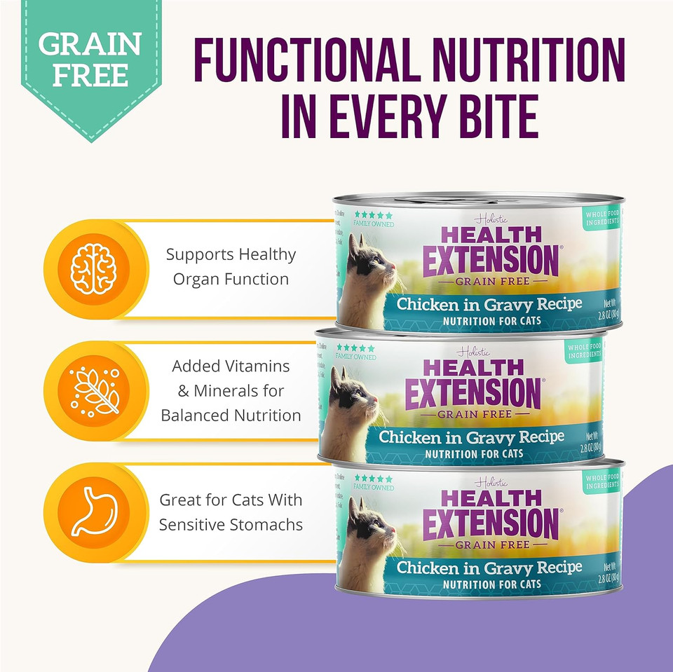 Health Extension Wet Cat Food, Grain-Free, Chicken In Gravy Recipe, Nutrition For Cats & Kittens (2.8 Oz / 80 G, Pack Of 24)