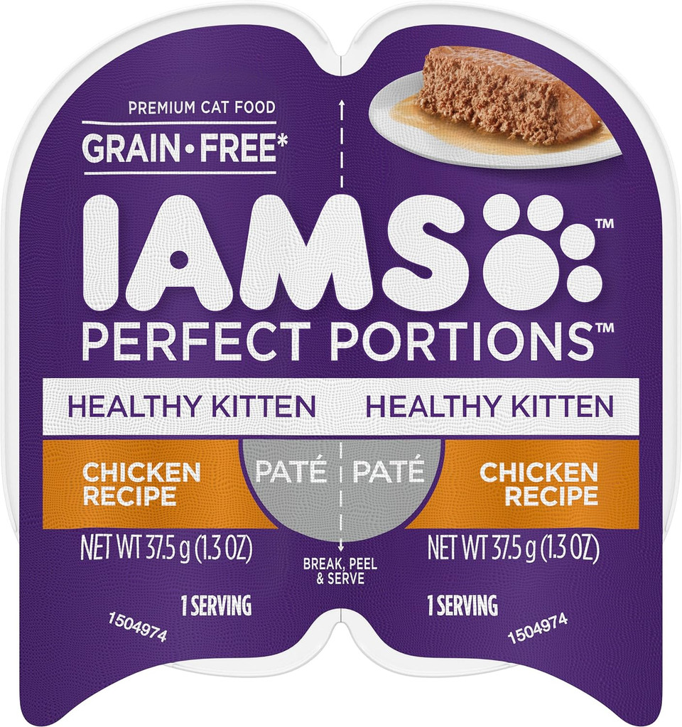 IAMS PERFECT PORTIONS Healthy Kitten Grain Free* Wet Cat Food Paté, Chicken Recipe,2.6 oz (Pack of 24). Easy Peel Twin-Pack Trays