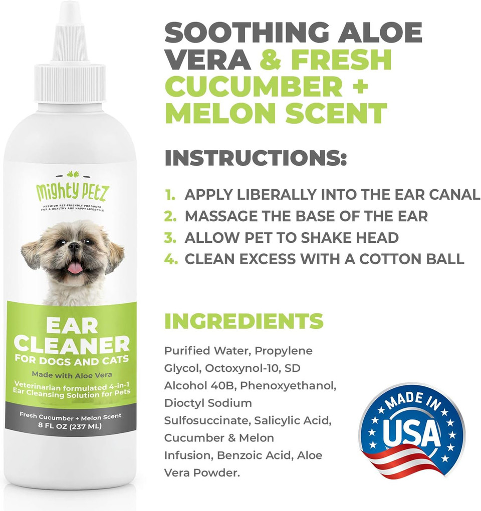 Mighty Petz Dog Ear Cleaner  Pet Ear Wash to Support Itchy, Infection Prone Ears, Yeast and Wax, Advanced & Gentle Otic Cleaning Solution, Ear Drops for Dogs and Cats - 8 oz