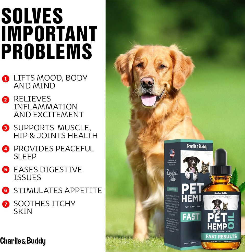 Charlie & Buddy Hmp Il For Dogs Cats - Helps Pets With Nxity, Pin, Strss, Slp, Rthritis, Sizures Rlief - I Jint Halth - Clming Trats