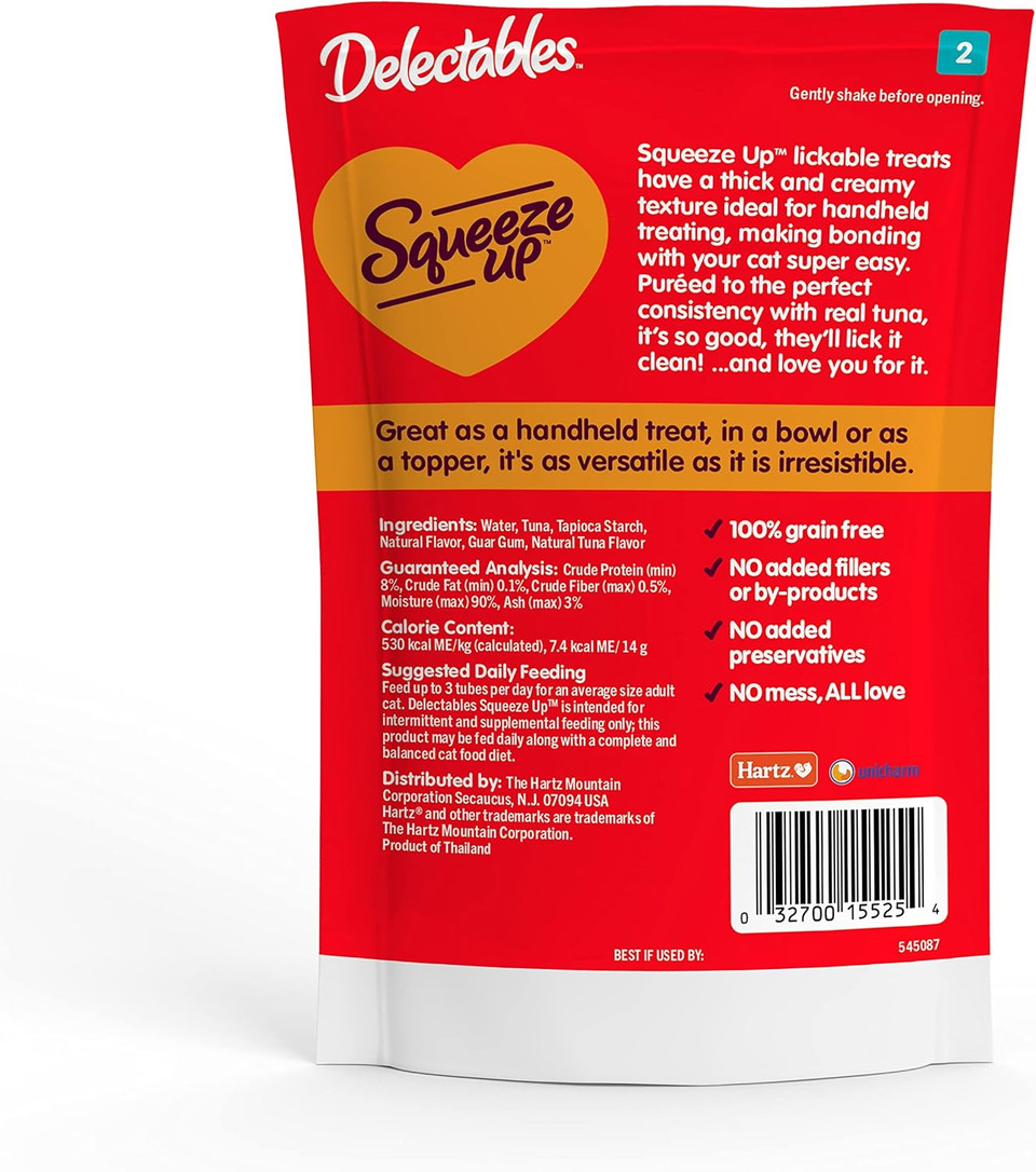 Hartz Delectables Squeeze Up Interactive Lickable Wet Cat Treats For Adult & Senior Cats, Tuna, 4 Count (Pack Of 8)