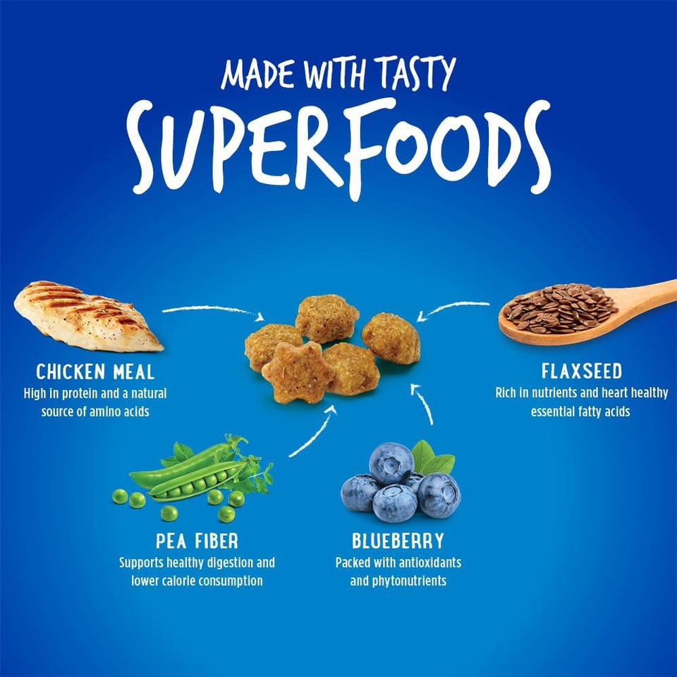 Fruitables Crunchy Low Calorie Treats Packed With Protein For Cats Healthy Free Of Wheat, Corn And Soy  Made With Real Chicken With Blueberry  2.5 Ounces