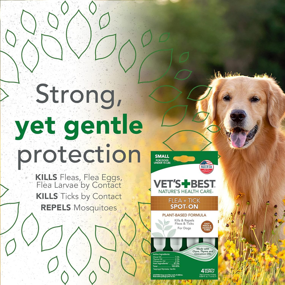Vet'S Best Flea And Tick Spot-On Drops - Topical Flea And Tick Prevention For Dogs - Plant-Based Formula - Certified Natural Oils For Small Dogs - 4 Mo Supply4 Month Supply